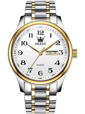 Olevs Mens Silver White Luxury Stainless Steel Gold Analog Quartz Luminous Watch